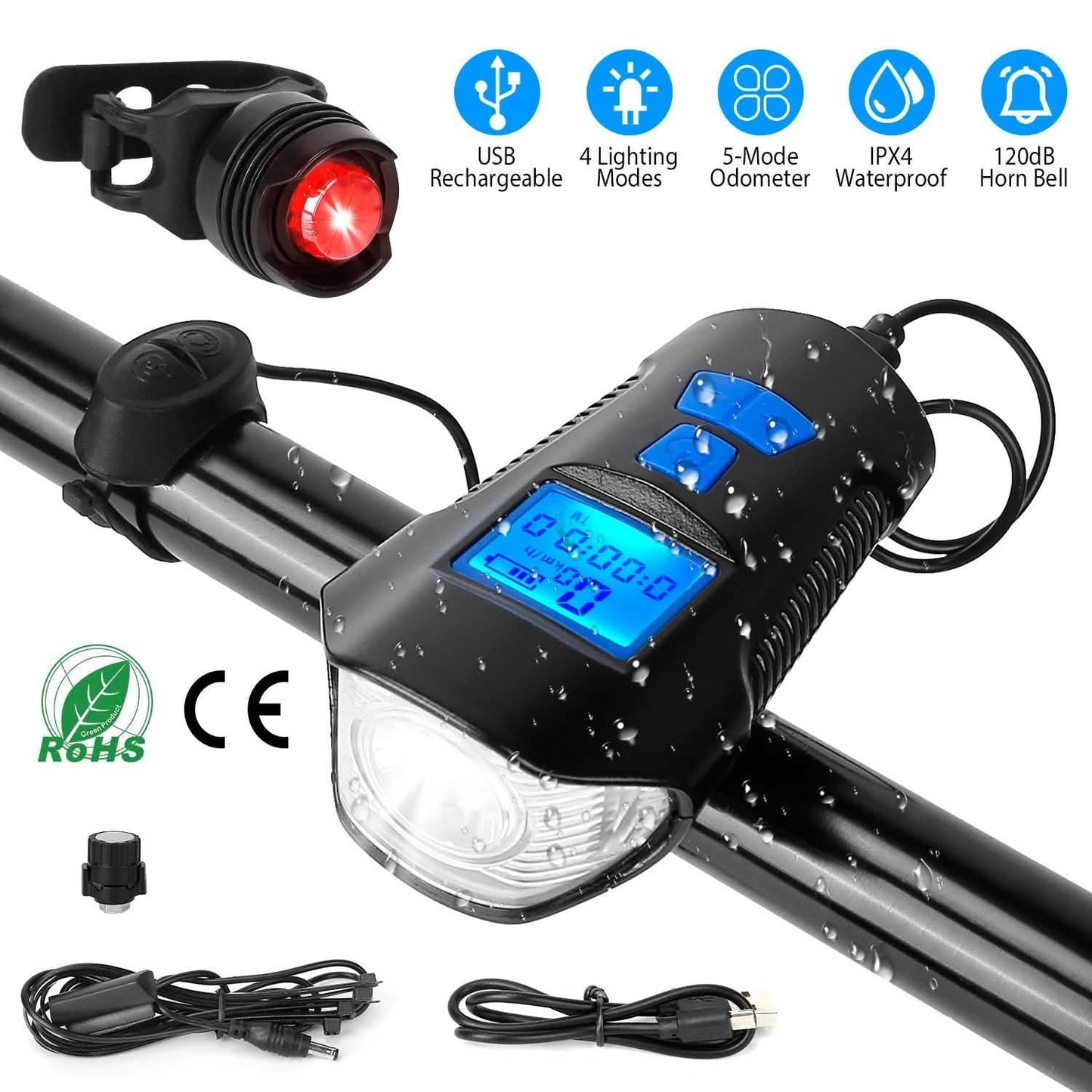 USB Rechargeable Bike Light Set with Speedometer and Odometer DailySale