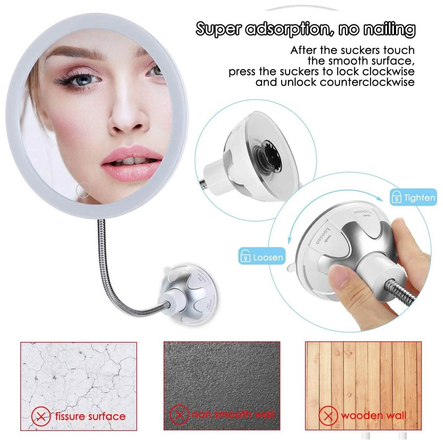 Vanity Mirror 10-Times Magnifying LED Lighted Make-up Swivel Suction Cup Compact Folding DailySale