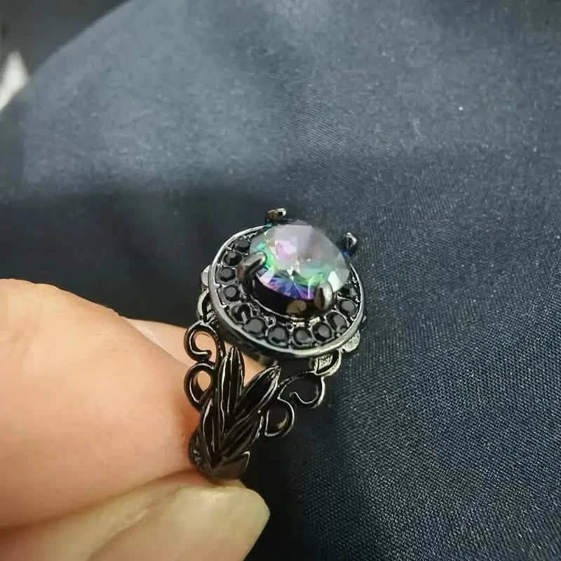 Vintage Gothic Style Synthetic Rainbow Stone Ring with Imitation Black Zirconia DailySale