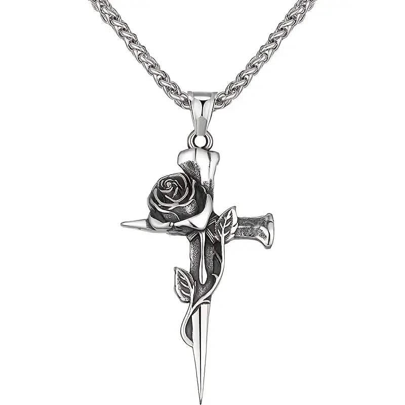 Vintage-Inspired Men's Titanium Steel Pendant Necklace - Unique Keel Chain Design with Cross and Rose Accents DailySale