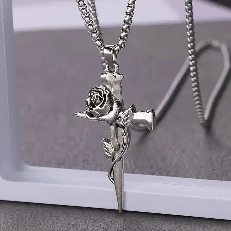 Vintage-Inspired Men's Titanium Steel Pendant Necklace - Unique Keel Chain Design with Cross and Rose Accents DailySale