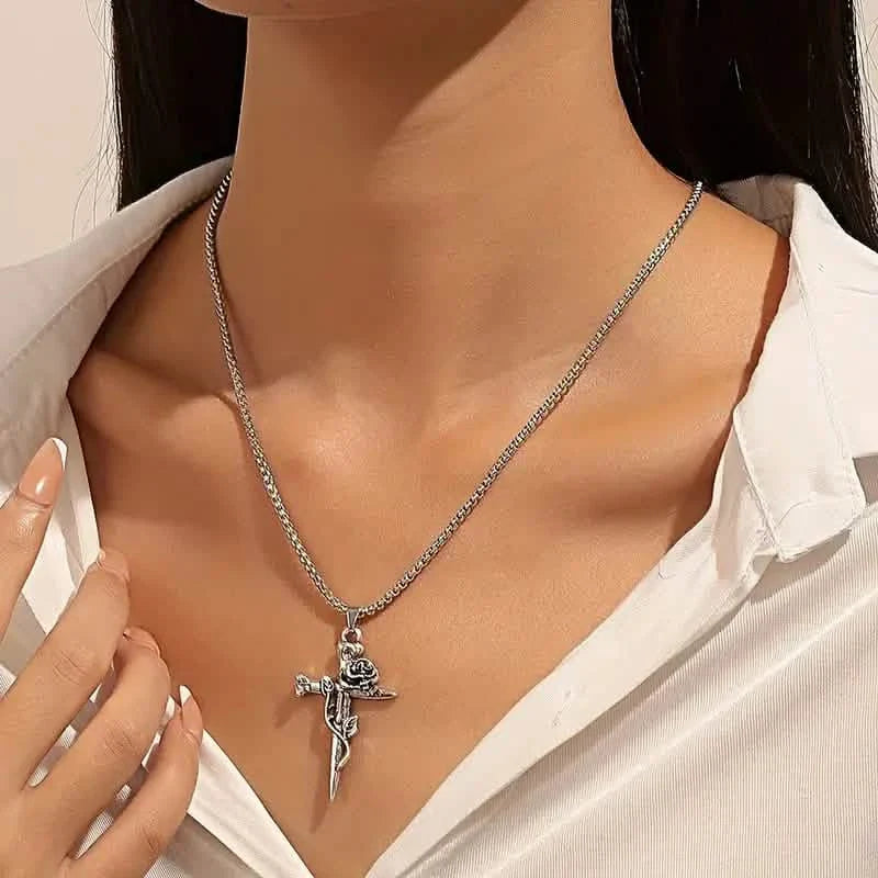 Vintage-Inspired Men's Titanium Steel Pendant Necklace - Unique Keel Chain Design with Cross and Rose Accents DailySale