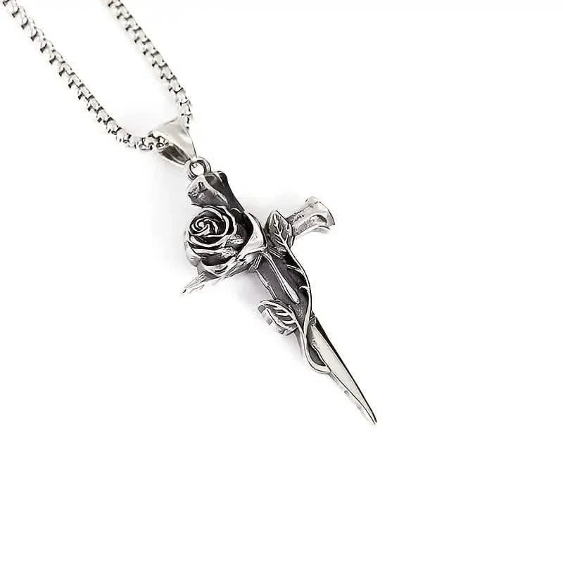 Vintage-Inspired Men's Titanium Steel Pendant Necklace - Unique Keel Chain Design with Cross and Rose Accents DailySale