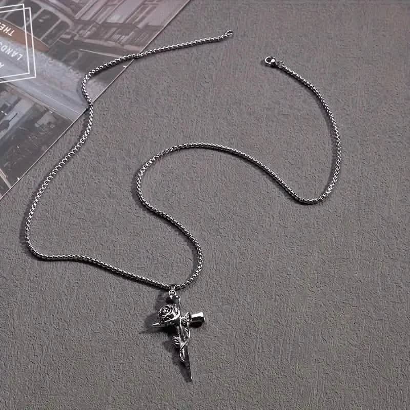 Vintage-Inspired Men's Titanium Steel Pendant Necklace - Unique Keel Chain Design with Cross and Rose Accents DailySale