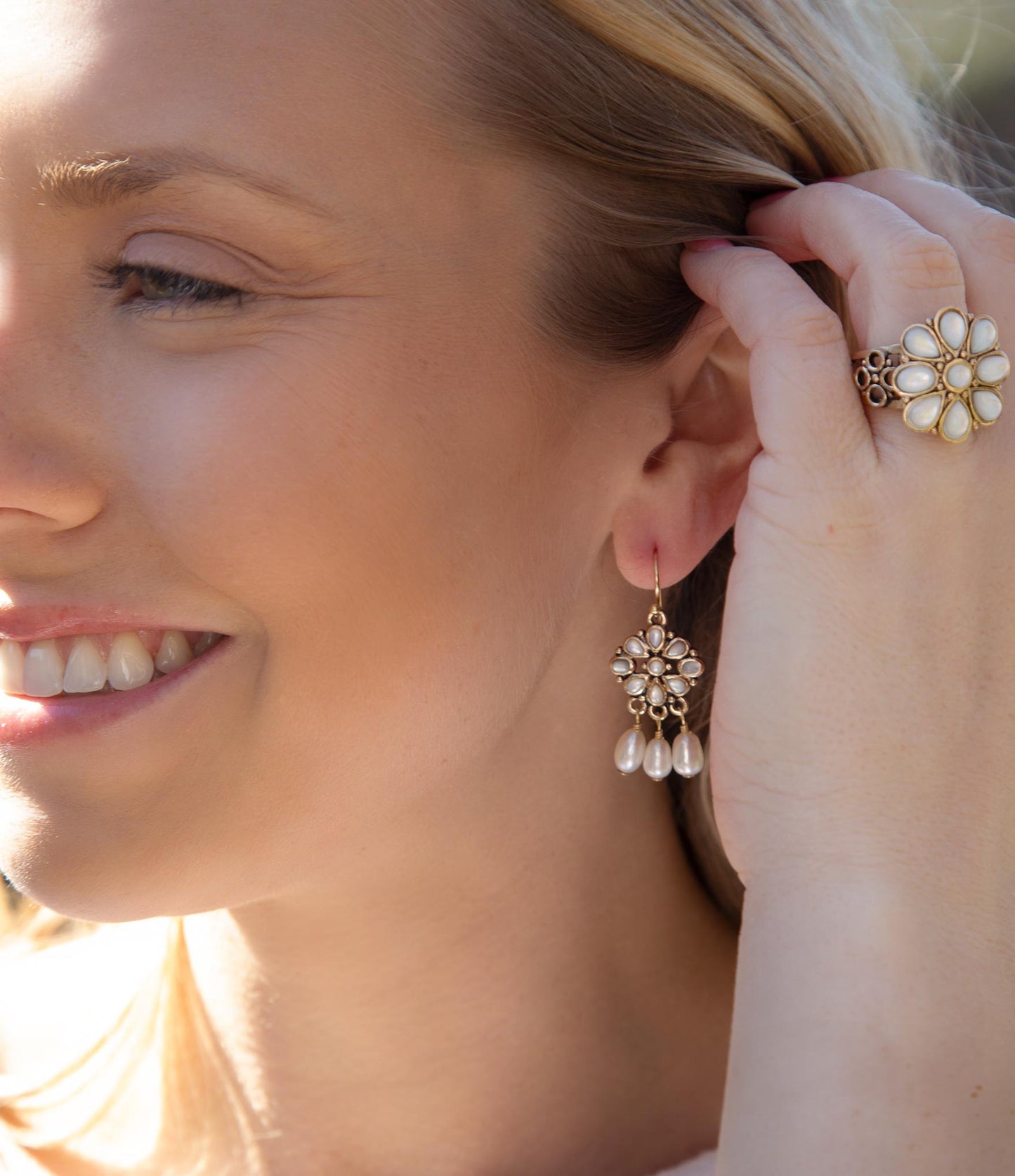 White Hibiscus Mother of Pearl and Golden Ring Barse Jewelry