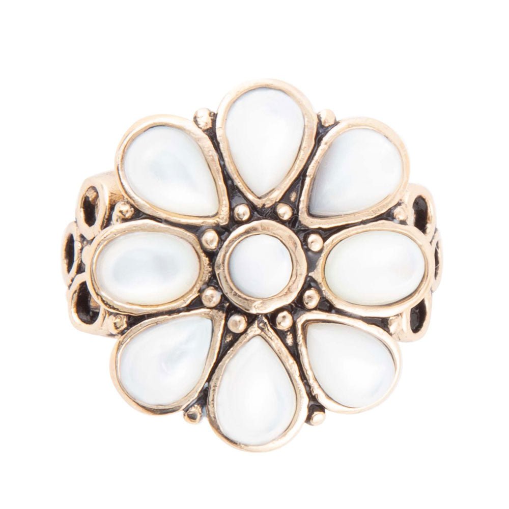 White Hibiscus Mother of Pearl and Golden Ring Barse Jewelry