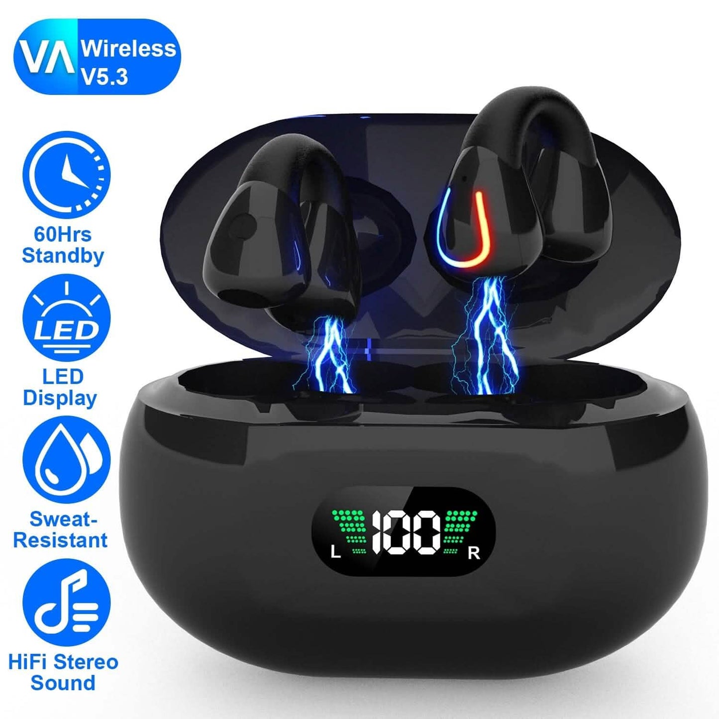 Wireless v5.3 Earbuds Clip-on Open TWS Earphones with Built-in Mic LED Charging Display Case DailySale