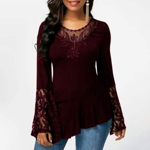 Women Casual Irregular T-shirt with Long-sleeved Lace Stitching Plus Size Shirts DailySale