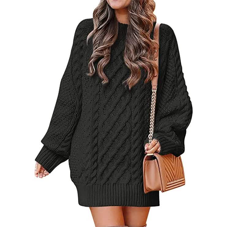 Women Crewneck Long Sleeve Oversized Cable Knit Chunky Pullover Short Sweater Dresses DailySale
