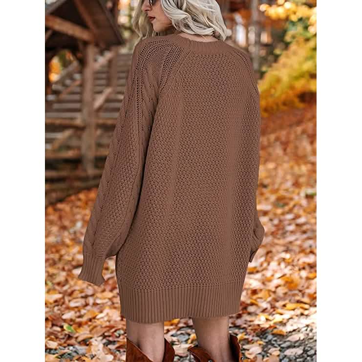 Women Crewneck Long Sleeve Oversized Cable Knit Chunky Pullover Short Sweater Dresses DailySale