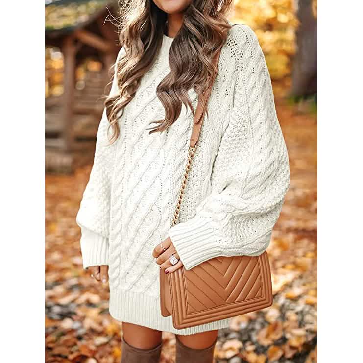 Women Crewneck Long Sleeve Oversized Cable Knit Chunky Pullover Short Sweater Dresses DailySale