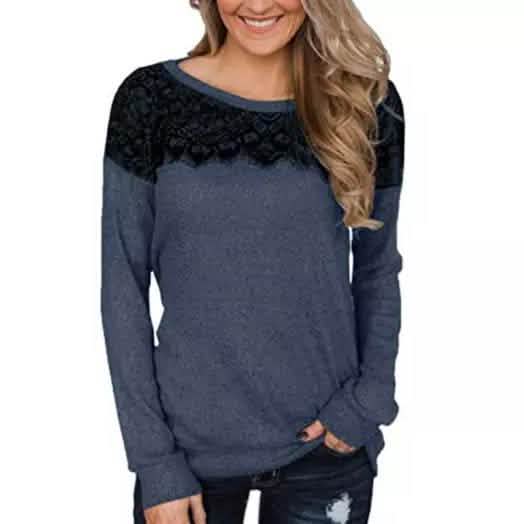 Women Fashion Black Lace Top Long Sleeve Elegant Casual Sweatshirt Blouse DailySale