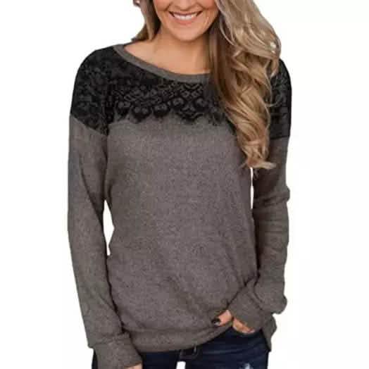 Women Fashion Black Lace Top Long Sleeve Elegant Casual Sweatshirt Blouse DailySale