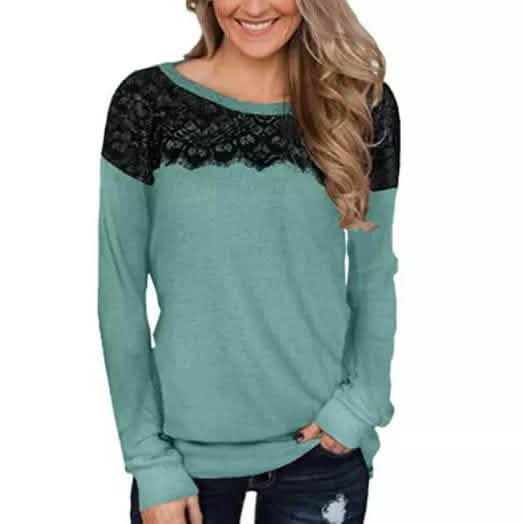 Women Fashion Black Lace Top Long Sleeve Elegant Casual Sweatshirt Blouse DailySale