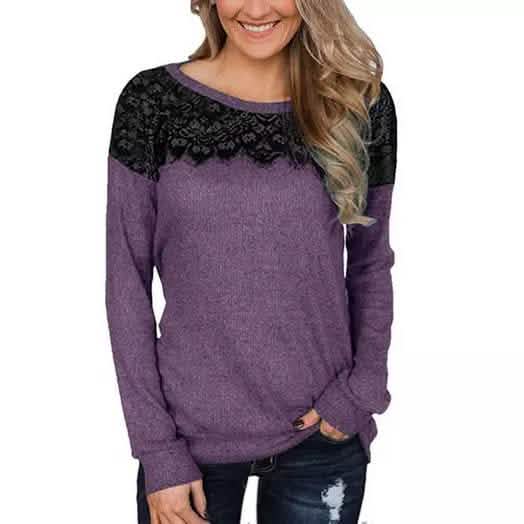 Women Fashion Black Lace Top Long Sleeve Elegant Casual Sweatshirt Blouse DailySale