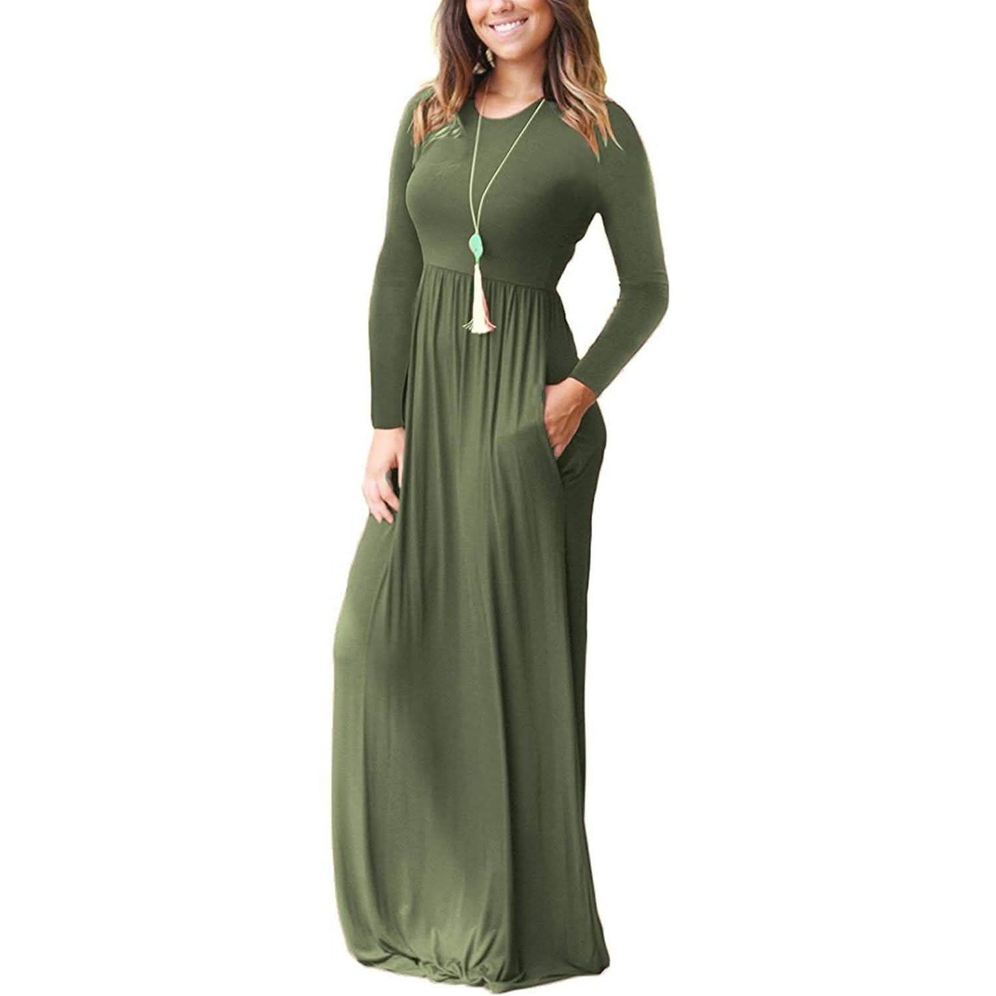 Women Long Sleeve Loose Plain Maxi Dresses Casual Long Dresses with Pockets DailySale