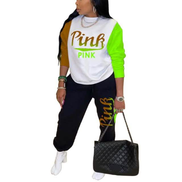 Women Pink Letter Print Long Sleeve Top and Pants Spring Streetwear DailySale