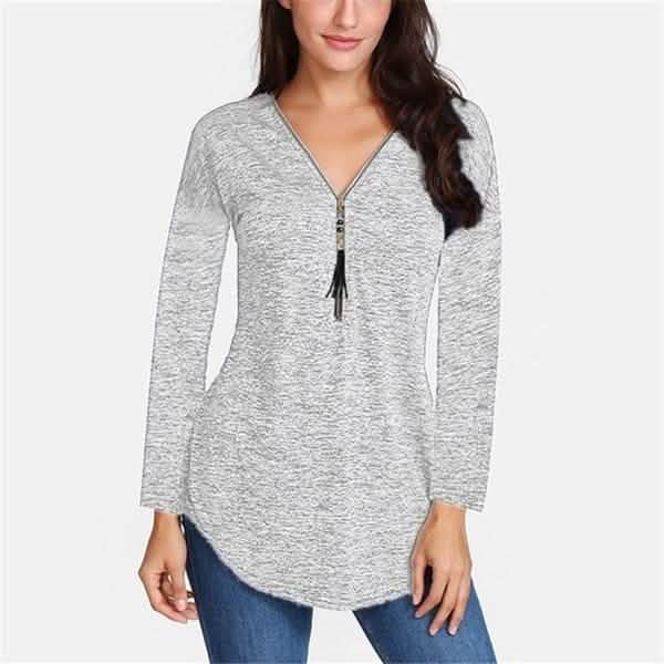 Women V-neck Zipper Long Sleeve Solid Color Top Plus Size Blouse Top DailySale