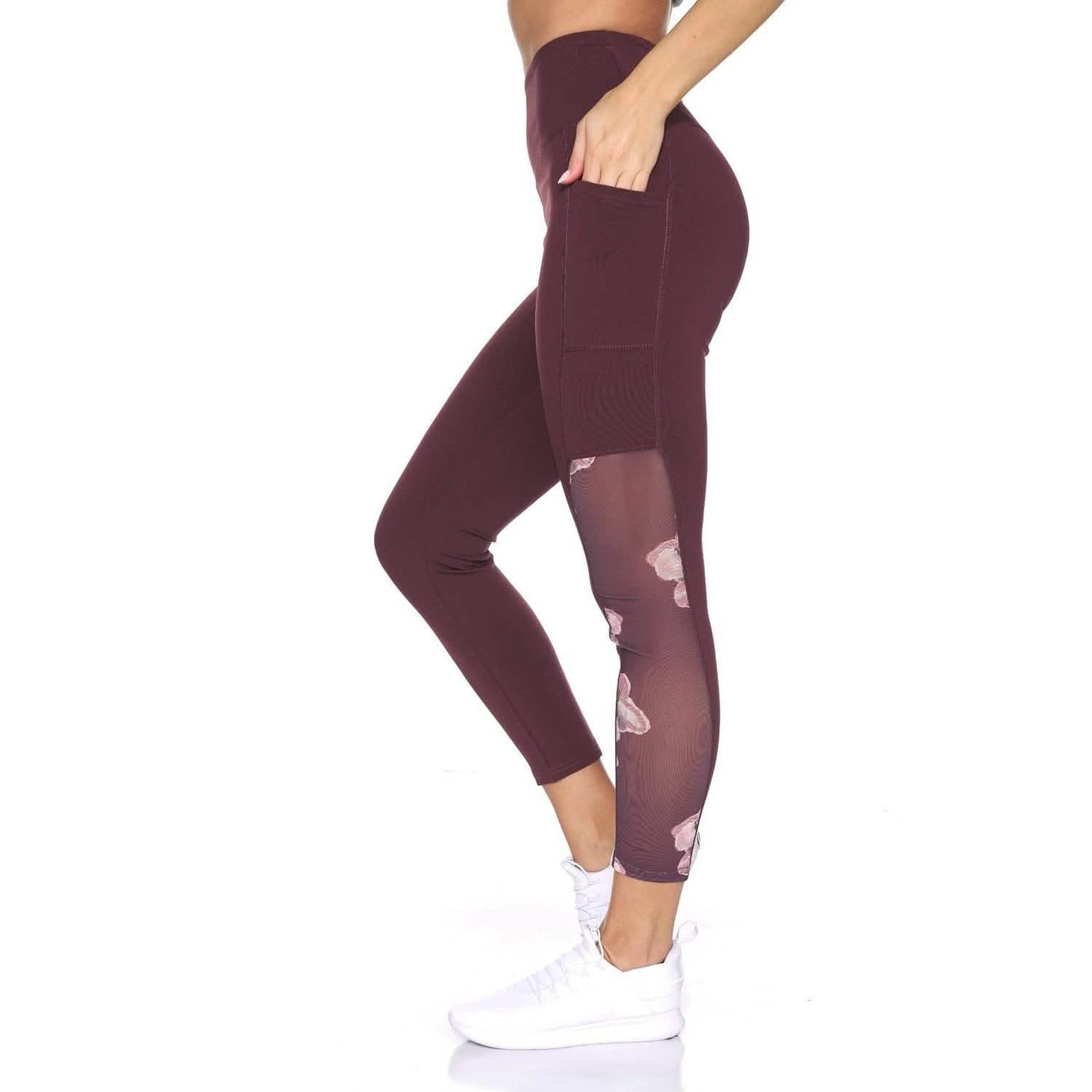 Women's 7/8 Active Leggings with Sheer Mesh Floral Panel and Pockets DailySale