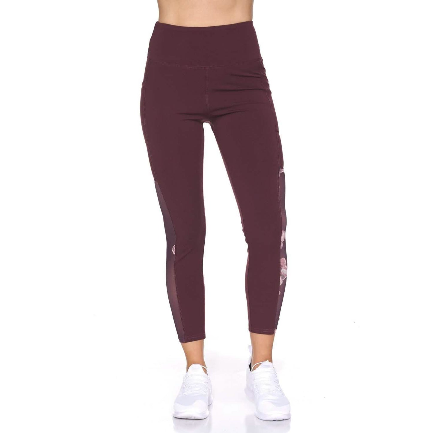 Women's 7/8 Active Leggings with Sheer Mesh Floral Panel and Pockets DailySale