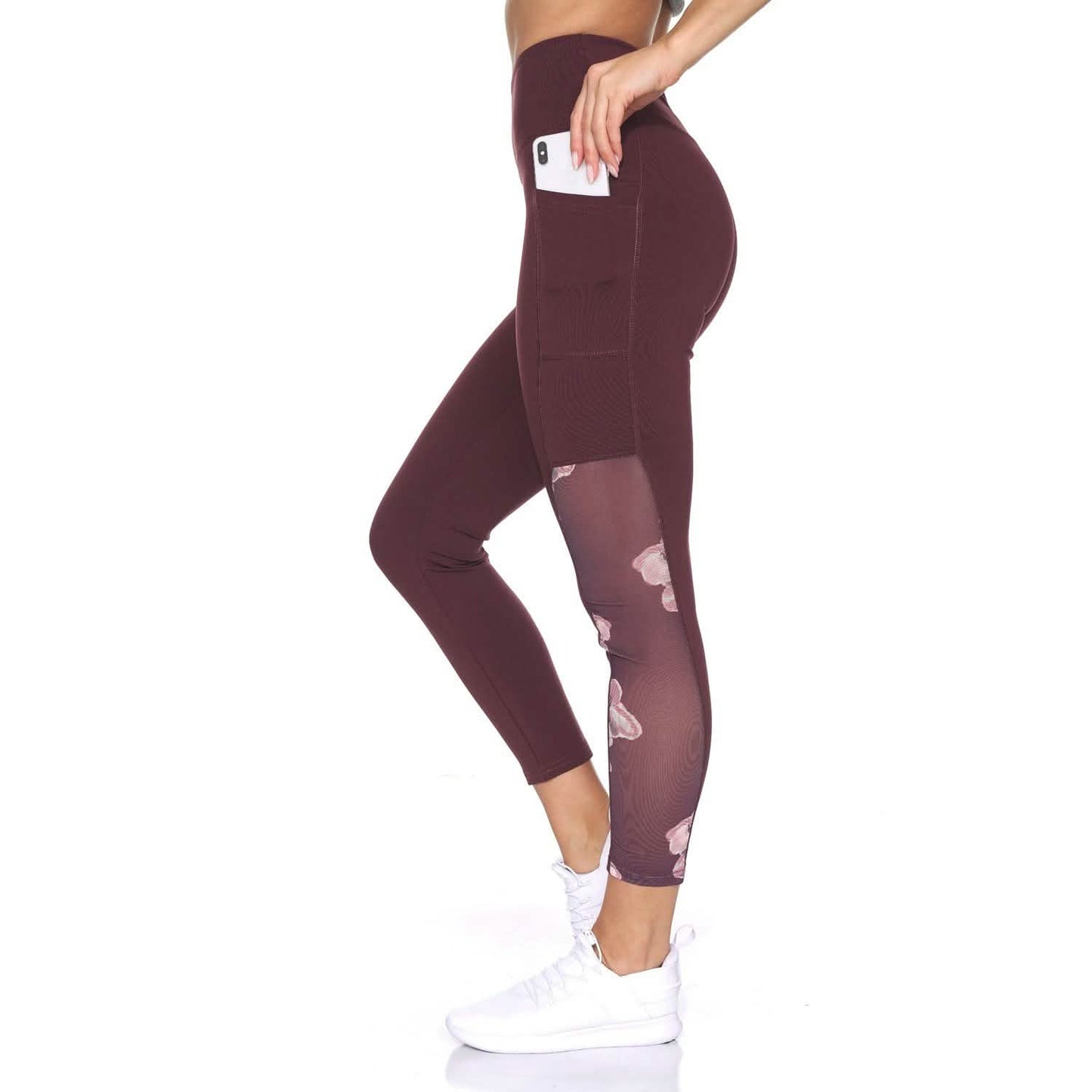 Women's 7/8 Active Leggings with Sheer Mesh Floral Panel and Pockets DailySale