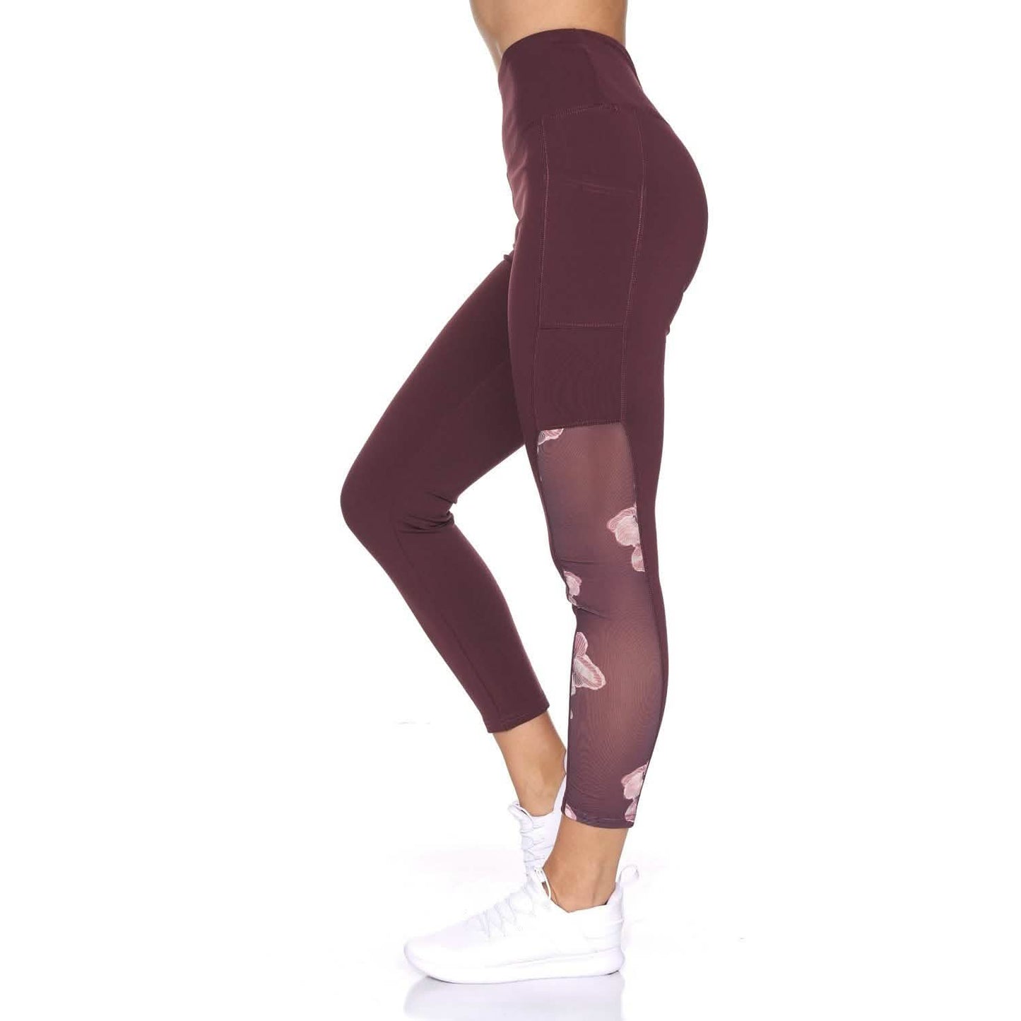 Women's 7/8 Active Leggings with Sheer Mesh Floral Panel and Pockets DailySale