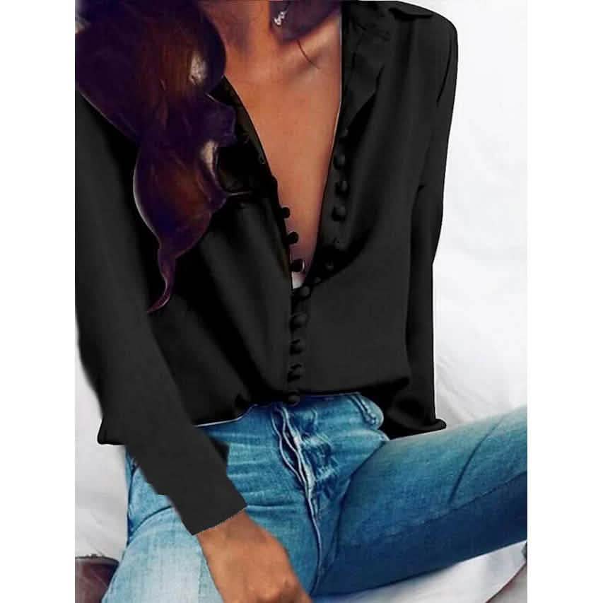 Women's Blouse Shirt Solid Colored Long Sleeve Button V Neck Basic Tops DailySale