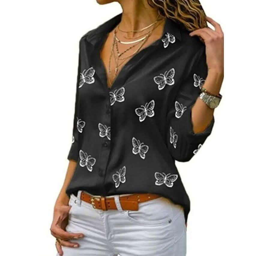Women's Butterfly Long Sleeve Print Shirt Collar Basic Tops DailySale