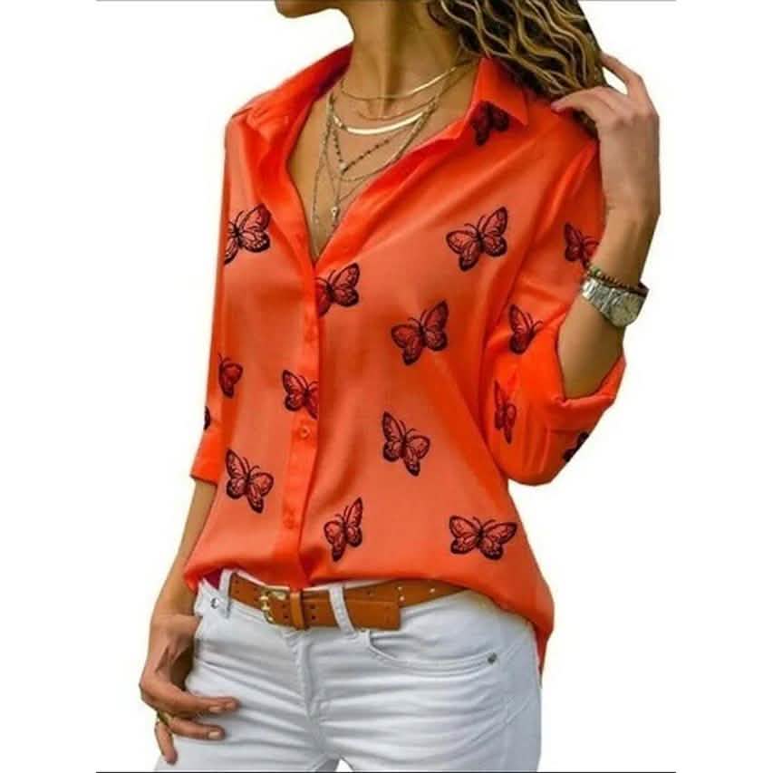 Women's Butterfly Long Sleeve Print Shirt Collar Basic Tops DailySale