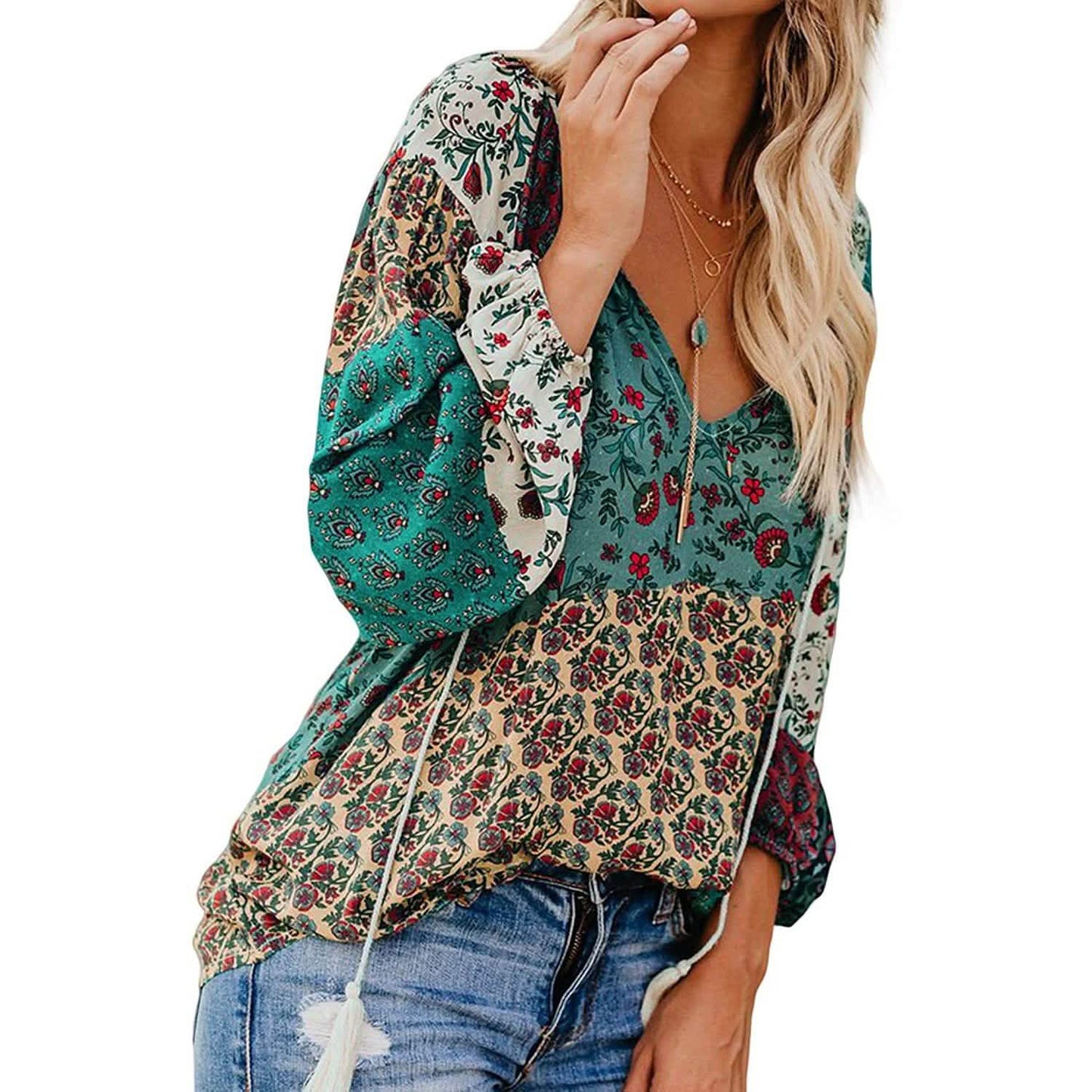 Women's Casual Boho Floral Print V Neck Long Sleeve Shirts Tops DailySale