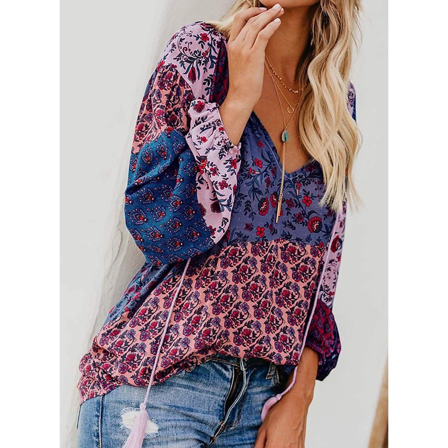 Women's Casual Boho Floral Print V Neck Long Sleeve Shirts Tops DailySale