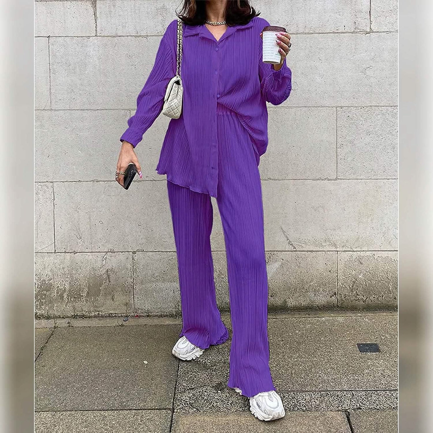 Women's Casual Long Sleeve Button Blouse Top Wide Leg Loose Streetwear Loungewear DailySale