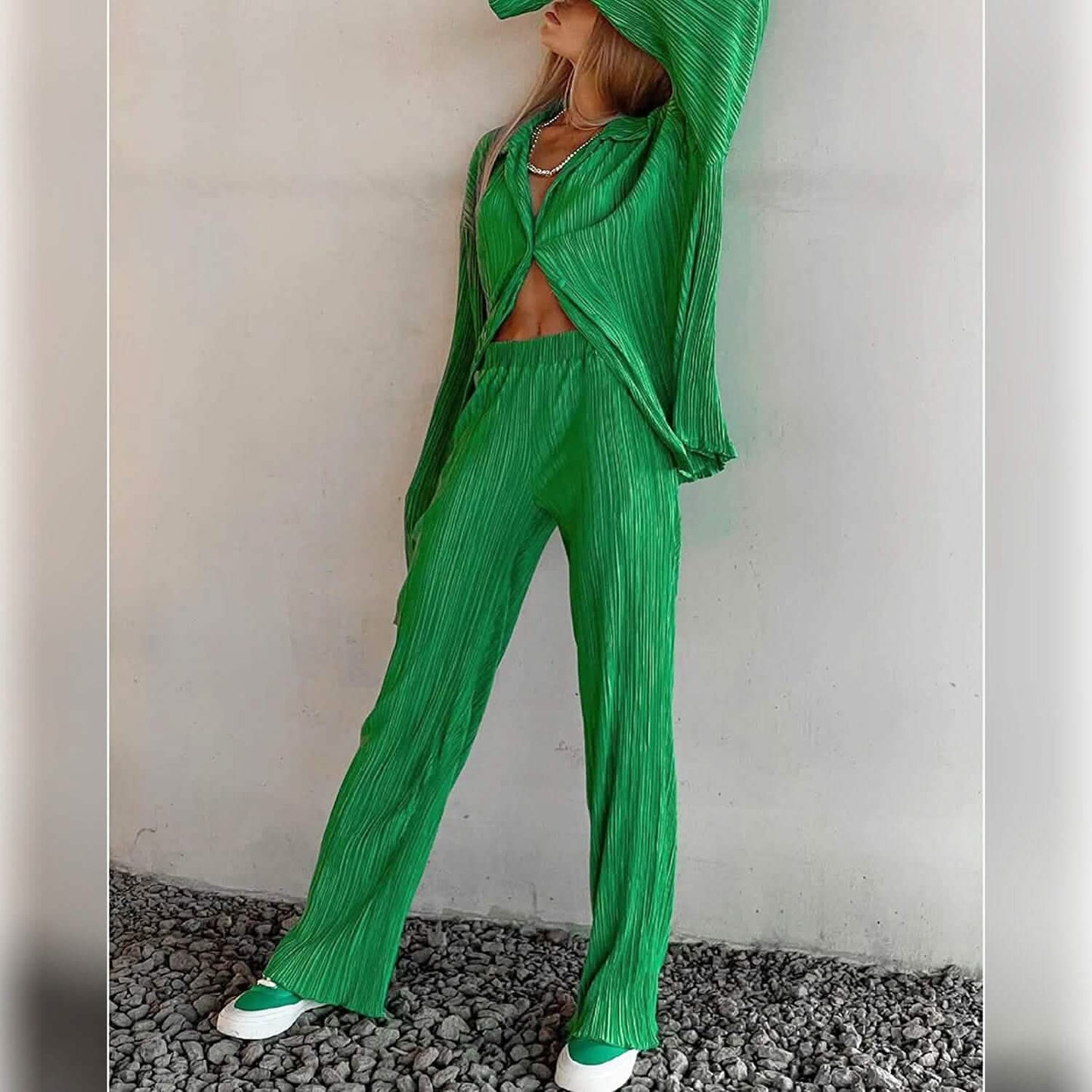 Women's Casual Long Sleeve Button Blouse Top Wide Leg Loose Streetwear Loungewear DailySale
