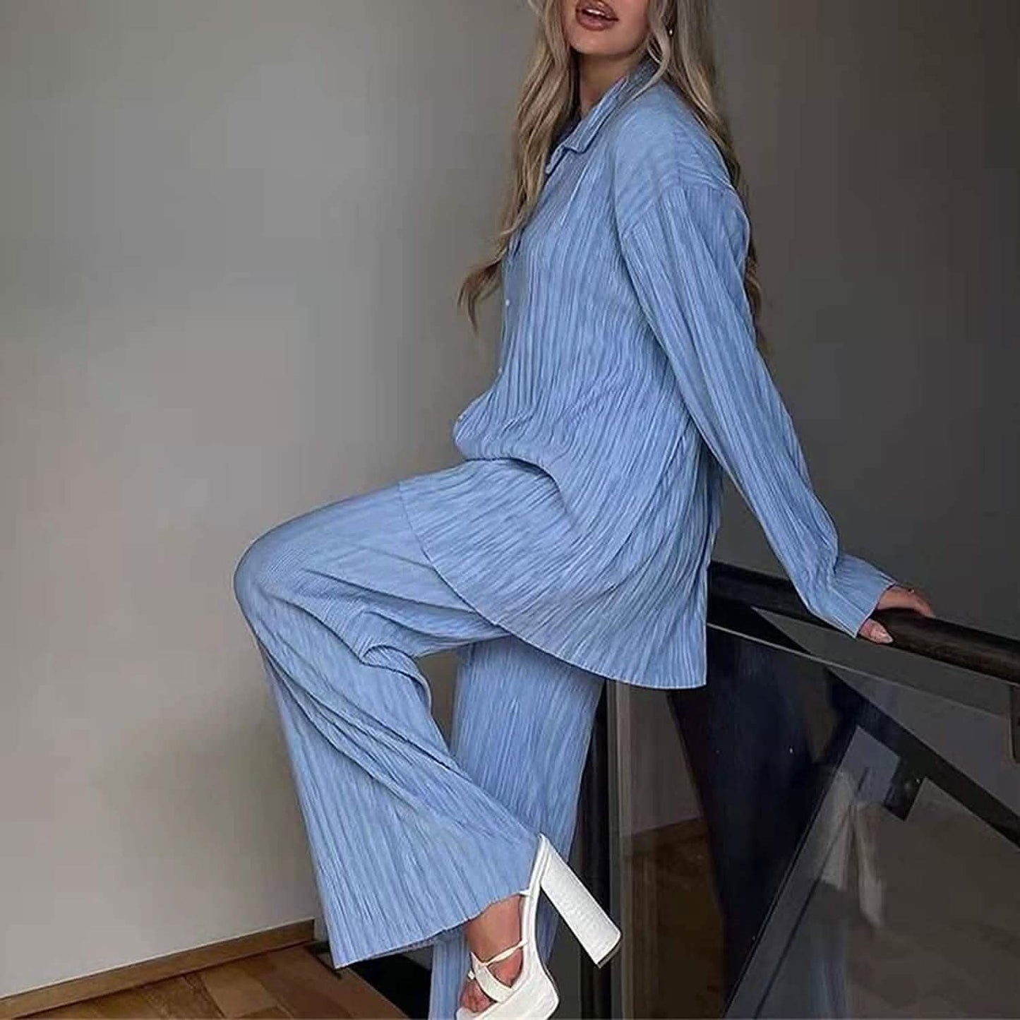 Women's Casual Long Sleeve Button Blouse Top Wide Leg Loose Streetwear Loungewear DailySale