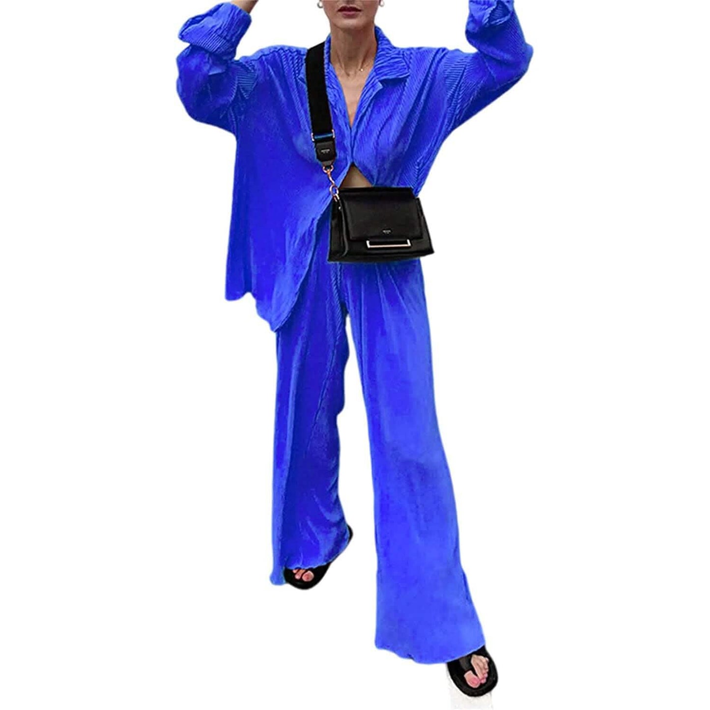 Women's Casual Long Sleeve Button Blouse Top Wide Leg Loose Streetwear Loungewear DailySale