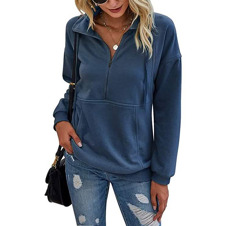 Women's Casual Long Sleeve Lapel Zipper Drawstring Loose Pullover Tops DailySale