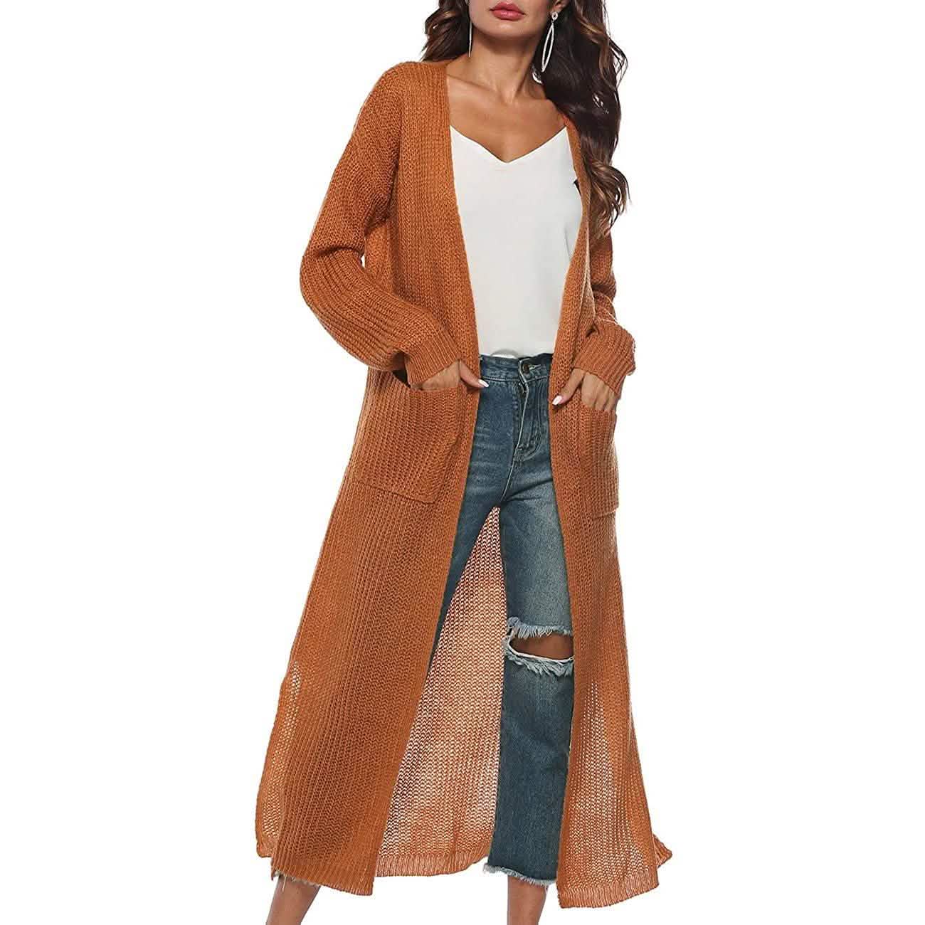 Womens Casual Long Sleeve Split Open Cardigan Knit Long Cardigan Sweaters with Pockets DailySale