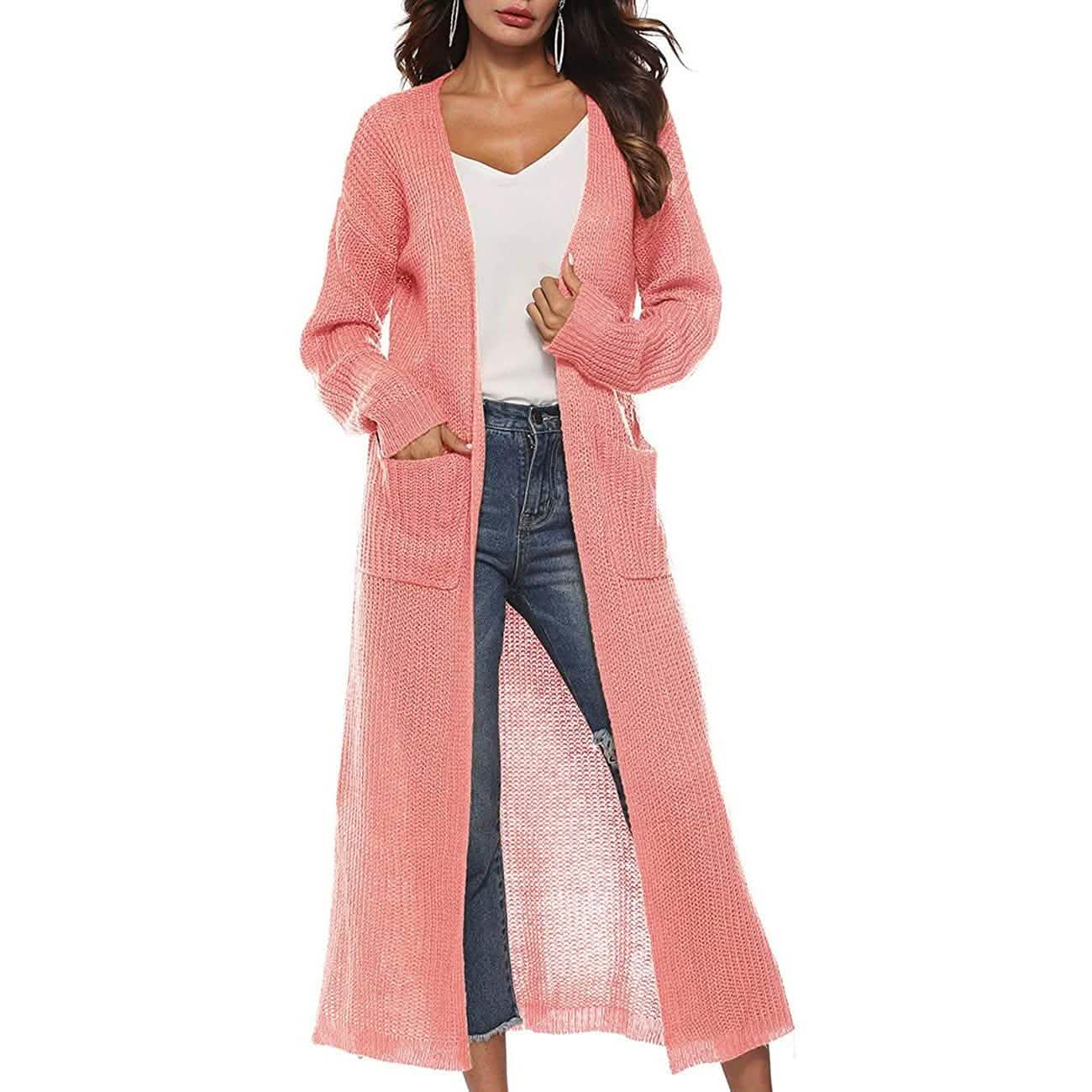 Womens Casual Long Sleeve Split Open Cardigan Knit Long Cardigan Sweaters with Pockets DailySale