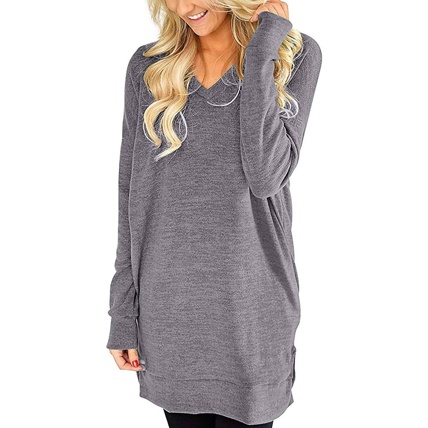 Womens Casual Long Sleeves Solid V-Neck Tunics Shirt Tops with Pockets DailySale