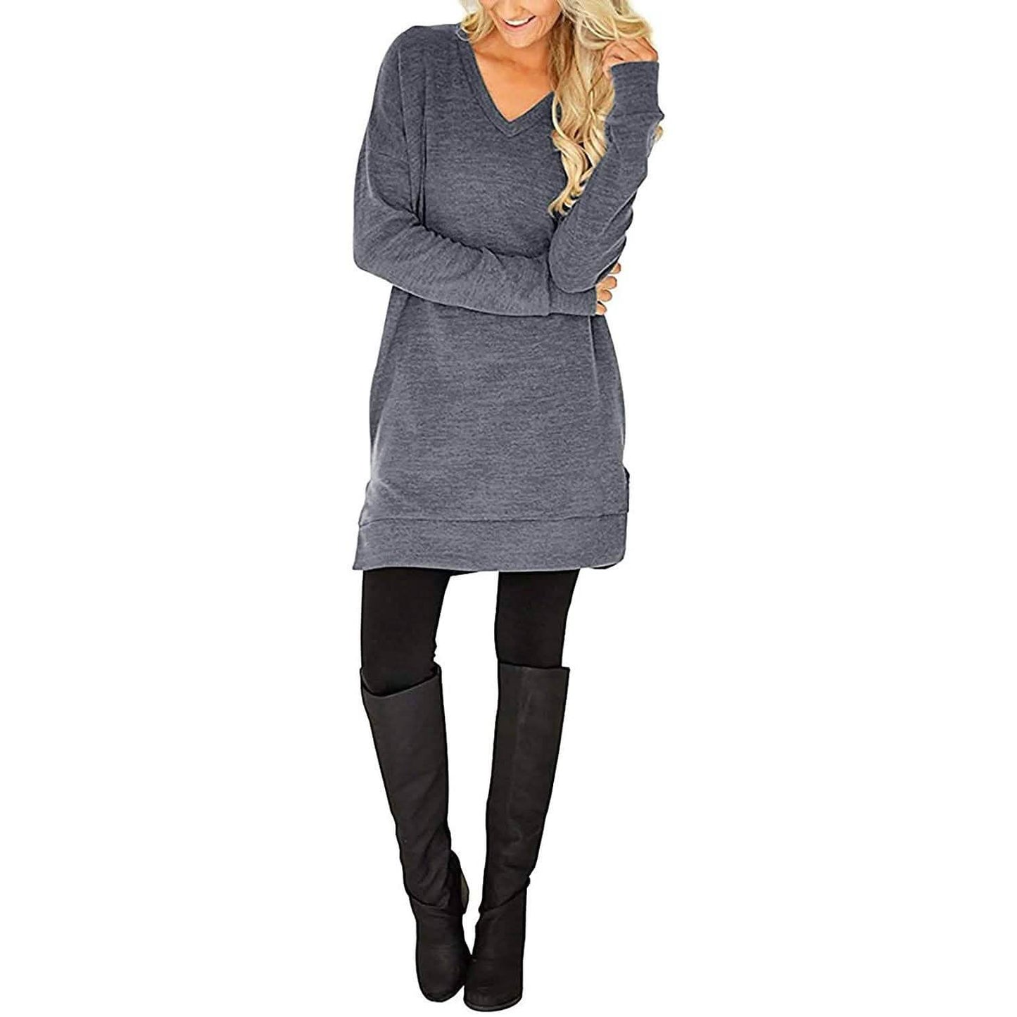 Womens Casual Long Sleeves Solid V-Neck Tunics Shirt Tops with Pockets DailySale