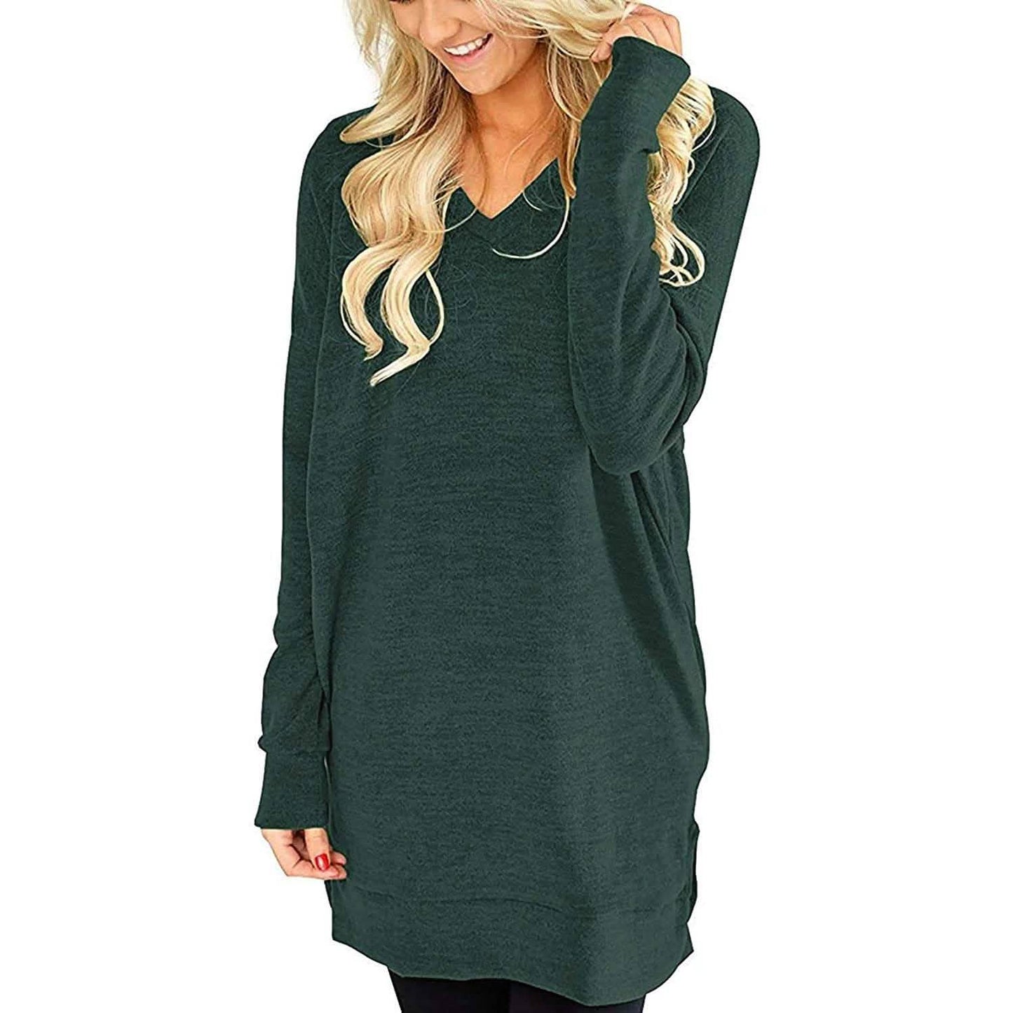 Womens Casual Long Sleeves Solid V-Neck Tunics Shirt Tops with Pockets DailySale