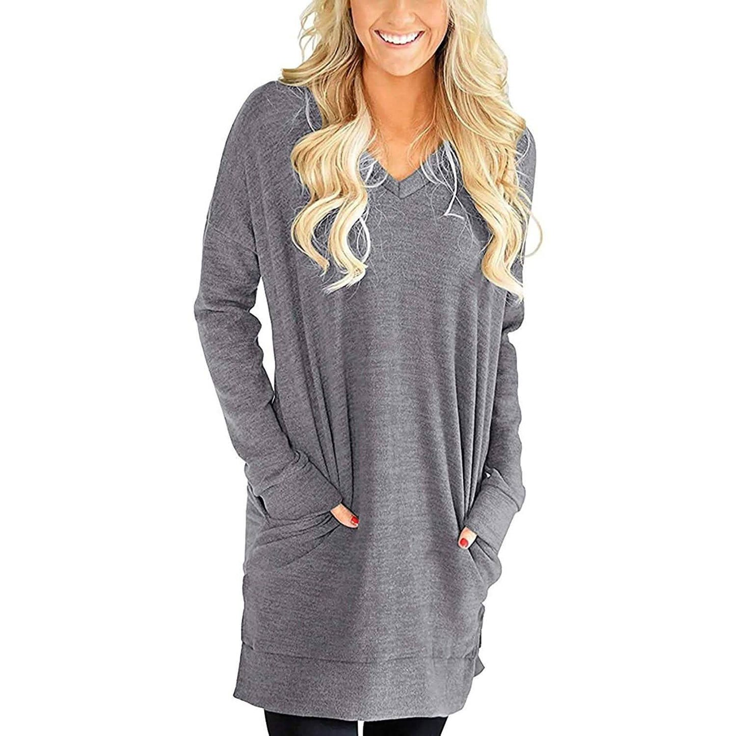 Womens Casual Long Sleeves Solid V-Neck Tunics Shirt Tops with Pockets DailySale