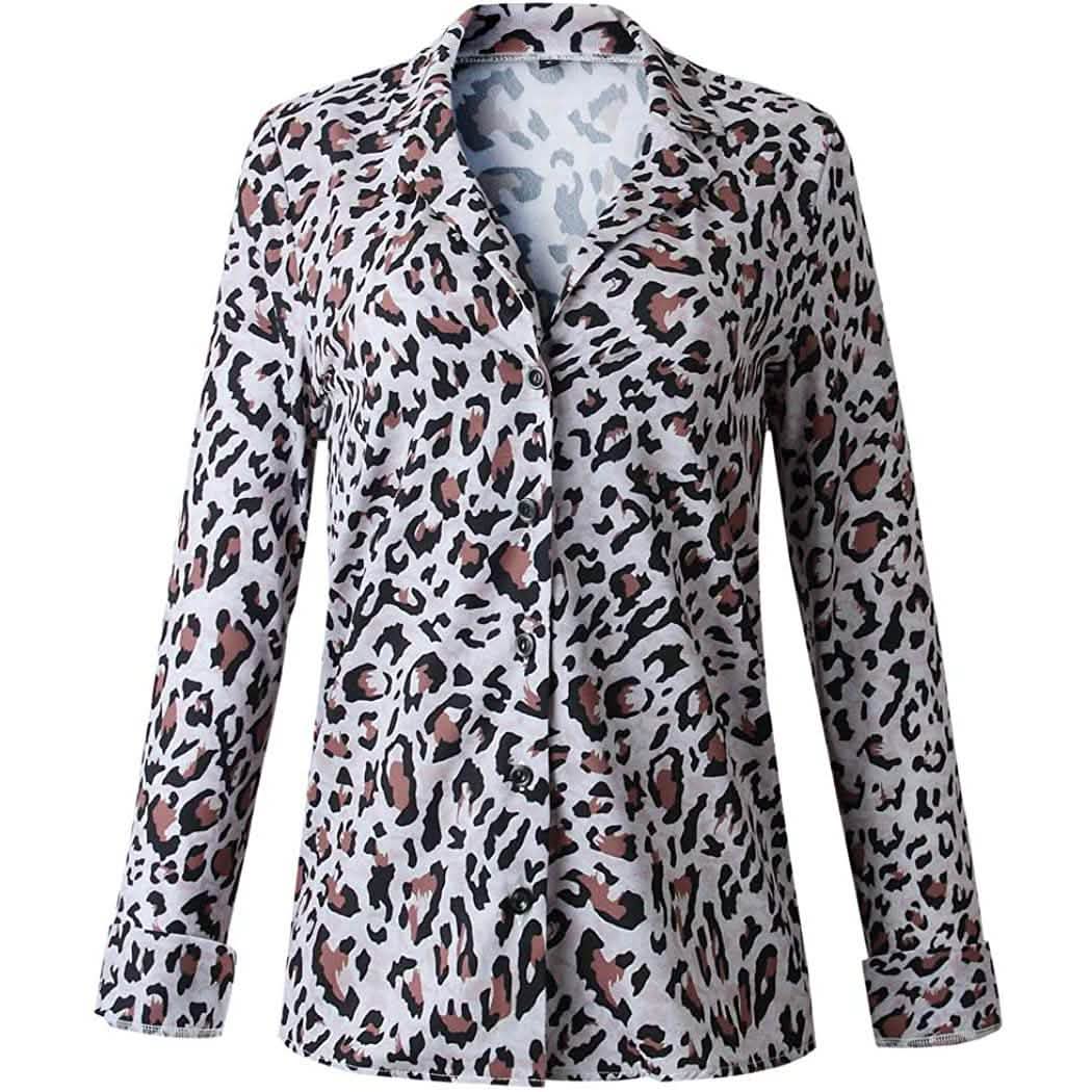 Womens Casual Tops V Neck Leopard Tunic Long Sleeve Button Down Shirts Top DailySale