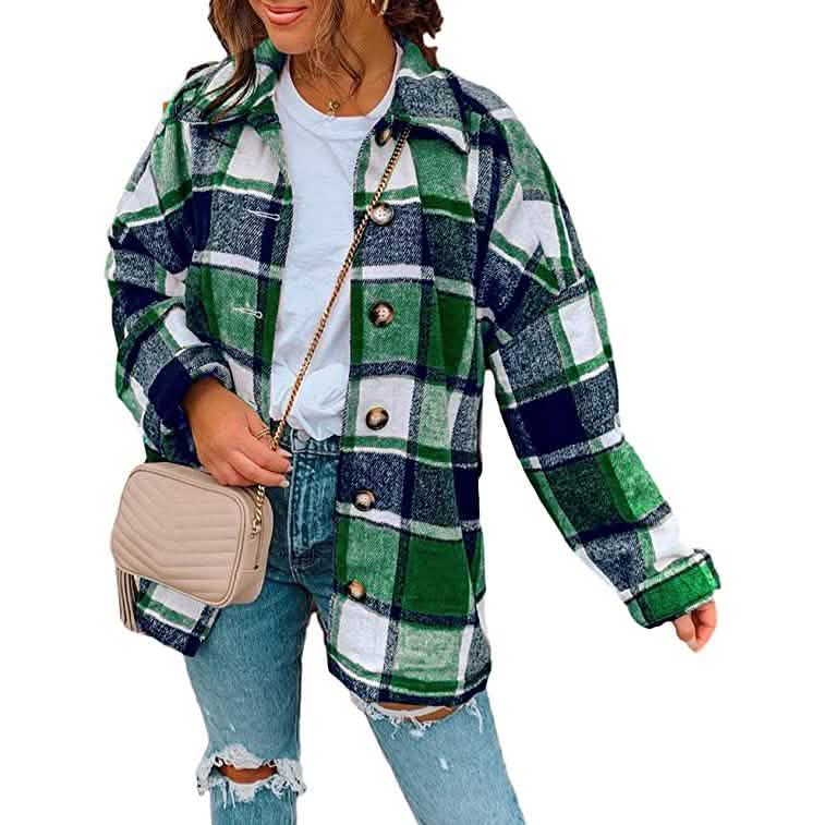 Women's Casual Woolen Long Sleeve Button Down Plaid Jacket DailySale
