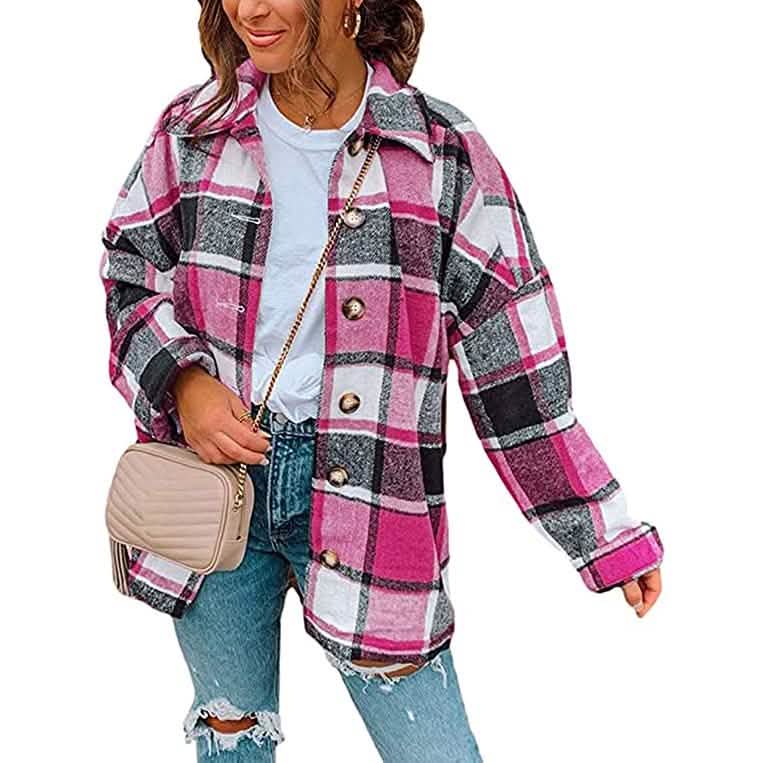 Women's Casual Woolen Long Sleeve Button Down Plaid Jacket DailySale