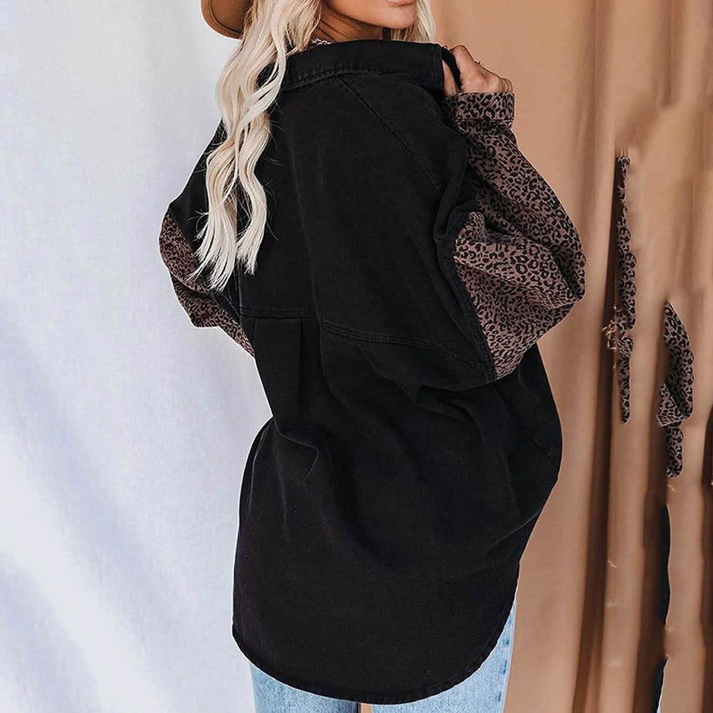 Womens Contrast Leopard Denim Jacket Long Sleeve Button Down Shirts DailySale