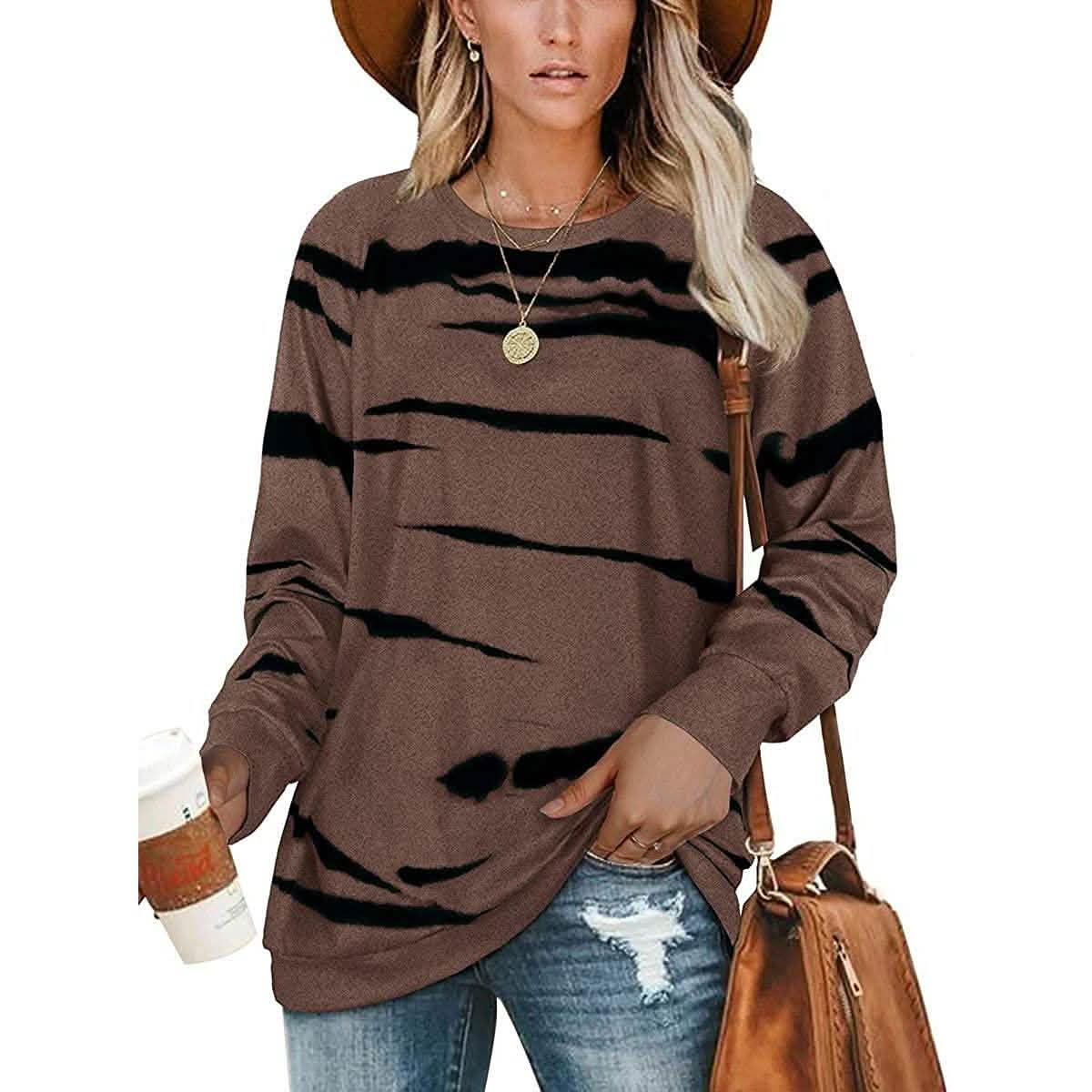 Womens Crewneck Long Sleeve Sweatshirts Striped Casual Tops Printed Loose Pullover Shirts DailySale