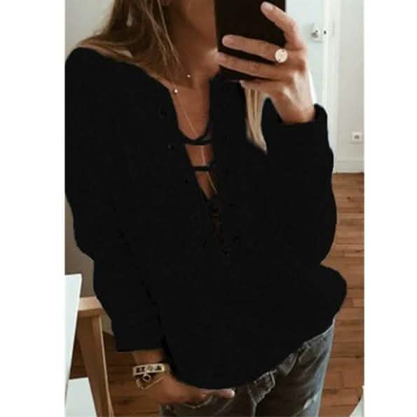 Women's Fashion Lace Up Deep V-neck Casual Long Sleeves DailySale