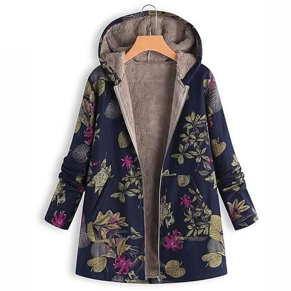 Women's Fashion Leaves Floral Print Fluffy Fur Hooded Long Sleeve Vintage Casual Coat DailySale