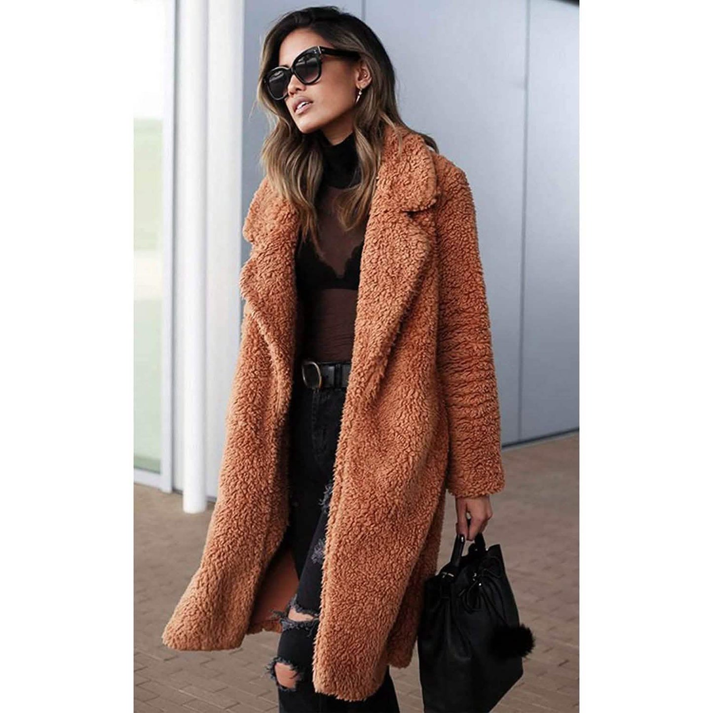 Women's Fuzzy Fleece Lapel Open Front Long Cardigan Coat DailySale